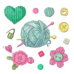 a ball of yarn and knitting needles surrounded by buttons, flowers, and other sewing accessories