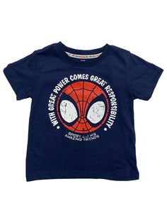 Marvel Spider-Man Infant & Toddler Boys Blue Spider Man T-Shirt Tee Shirt Your little one will look adorable in this fun short sleeved blue Spider-Man t-shirt! Infant & toddler sizes 60% Cotton, 40% Polyester Made in China Payment We accept PayPal as our payment method. Immediate payment is required. If you have any questions about payment, please feel free to contact our customer support team. Return Policy We have a no hassle return policy If you are unhappy with your purchase, please contact Navy Pre-shrunk Cotton T-shirt, Blue Crew Neck T-shirt With Front Print, Navy Cotton Screen Print Top, Blue Character Print T-shirt For Summer, Navy Graphic Tee With Screen Print, Blue Graphic Tee With Character Print, Blue Character Print Graphic Tee, Navy Cotton Shirt With Graphic Print, Navy Cotton Graphic Print Shirt