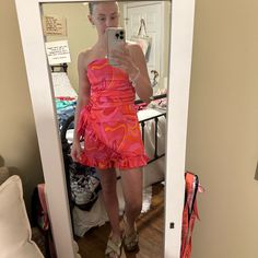 Nwt Olivaceous Pink + Orange-Ish Patterned Silky Romper. Size Medium But Fits More Like A Small In The Top. Super Cute, Just A Little Big For Me In The Bottom Which Is Why I Am Selling. Would Be Perfect For Rush Or A Vacay! Pink Beach Season Dress For Night Out, Pink Dress For Night Out At The Beach, Chic Pink Strapless Swimwear, Pink Party Swimwear For Spring, Pink Summer Swimwear For Day Out, Pink Strapless Beachwear Dress, Flirty Party Swimwear For Spring, Pink Mini Length Swimwear For The Beach, Pink Mini-length Swimwear