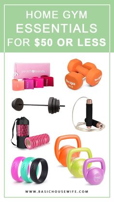 the home gym essentials for $ 50 or less are on display in this postcard