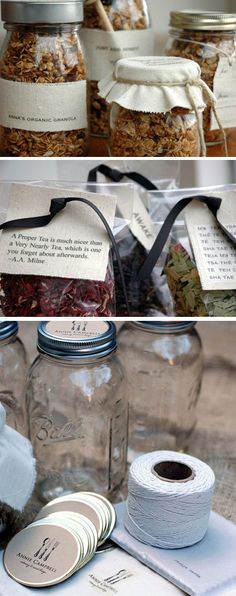 mason jars filled with different types of food and paper tags on top of each jar