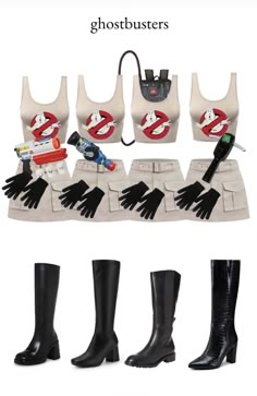 four different types of boots and gloves with the words ghostbusters on them