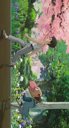 two anime characters hanging from a tree in front of some trees and bushes with pink flowers