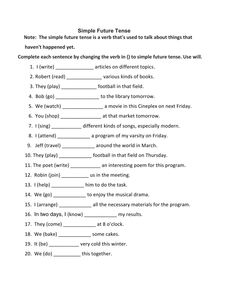 the simple future tense worksheet is shown in black and white, with words on it