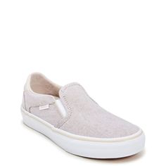 These women's Women's Asher Deluxe summer taupe slip-on sneakers offer a casual take on a timeless style. Crafted with a canvas upper, slip-on design, round toe, dual-density OrthoLite® removable sockliner, ultimate comfort technology, deluxe padded heel & collar, vulcanized construction and an original waffle outsole. | Vans Women's Asher Deluxe Slip-On Sneaker in Summer Taupe Size 5 Medium Euro Chic, Teaching Outfits, Native Shoes, Retro Sneakers, Trail Shoes, Dress Shoes Womens, Shoes Heels Pumps, Wedge Sneakers, Vegan Shoes