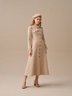 "Introducing this exquisite wool dress from our 2023 AW collection, designed to captivate with its vintage charm and elegant details.  Crafted from luxurious wool, this dress offers a cozy yet stylish option for chilly days.  The combination of the vintage-inspired metal buttons and the whimsical ruffles will transport you to a bygone era, evoking a delightful sense of nostalgia. This wool dress will have you reveling in life's little pleasures, whether you're strolling along the cobblestone streets or sipping tea in a cozy café. 【Fabric】 Wool. Fully lined. 1)THE MOST DURABLE We use only the longest fibers, averaging 39-42mm long. That's about 30% longer than regular Grade A wool. The longer the fiber, the longer your clothes lasts. 2) 100% CLEAN ENERGY Clean energy powered production. fac Fall Luxury Long Sleeve Tweed Dress, Elegant Evening Tweed Dresses, Luxury Long Sleeve Tweed Dress, Elegant Beige A-line Vintage Dress, Luxury Tweed Party Dress For Fall, Luxury Long Sleeve Tweed Dress For Formal Occasions, Long Sleeve Tweed Dress For Winter Evenings, Elegant Tweed Midi Dress For Formal Occasions, Elegant Formal Tweed Midi Dress