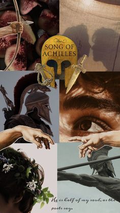 the song of achilles collage with images of people holding swords and flowers