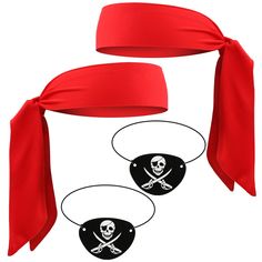 two red bandanas tied to each other with skull and crossbones on them