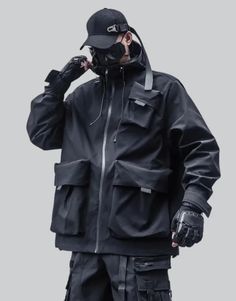 Japanese Windbreaker Techwear Ninja, Techwear Cyberpunk, Techwear Jacket, Japanese Uniform, Techwear Outfits, Black Japanese, Technical Clothing, Unique Outfit, Dark Wear