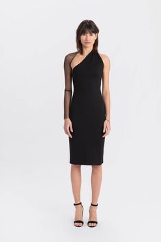 #Black Mesh Sleek Asymmetrical Midi Dress For Evening, Sleek Fitted Dress With Sheer Sleeves, One Shoulder Midi Bodycon Dress For Evening, One-sleeve Evening Bodycon Dress, One-sleeve Bodycon Dress For Evening, One-sleeve Bodycon Evening Dress, Sleek Dress With Sheer Sleeves For Night Out, Sleek Sheer Dress For Evening, Sleek Evening Dress With Sheer Details