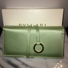 Nice And Fashion Green Satin Bulgari Clutch Wallet!!! Tie Around, Zipper Inside, Gold Accent!!! Style: Fashion Clutch, Evening Wallet Measurements As Follow 7.75" X 4.25" X 1.25" +/- Mint Green Clutch, Elegant Green Wallet For Formal Occasions, Green Elegant Formal Wallets, Elegant Green Formal Wallet, Designer Clutch With Original Box For Formal Occasions, Luxury Evening Clutch With Original Box, Green Rectangular Wallet For Formal Occasion, Luxury Rectangular Wallets For Party, Green Rectangular Wallet For Formal Use