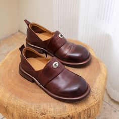 Leather Loafers for Women with Silver Metal Buckle Round Toe in Brown/Coffee Brown Round Toe Loafers For Everyday, Brown Everyday Loafers With Round Toe, Brown Leather Footbed Slip-ons For Everyday, Brown Slip-ons With Stitched Sole For Everyday, Brown Everyday Slip-ons With Stitched Sole, Brown Leather Slip-ons For Fall, Round Toe Loafers For Everyday Fall Wear, Everyday Brown Slip-ons With Stitched Sole, Everyday Loafers With Round Toe For Fall