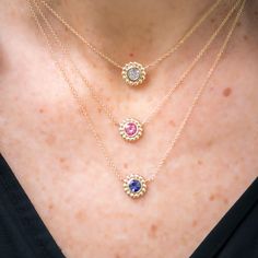 Some of our new designs just in time for the holidays! Choose between Moissanite, Blue Sapphire and Pink Sapphire center gemstones. All set in 14k Yellow Gold with beaded detail, on a beautiful delicate cable chain. 14k Yellow Gold Choose between Moissanite, Blue Sapphire and Pink Sapphire center gemstones in drop down menu LS Collection Elegant Necklace With Lab-created Sapphire Gemstone, Blue Gemstone Necklace With Lab-created Sapphire, Fine Jewelry Sapphire Necklace With Lab-created Sapphire, Luxury Yellow Gold Pink Sapphire Necklace, Luxury Sapphire Necklace With Faceted Beads, Everyday Necklace, Lazy Susan, New Designs, Just In Time