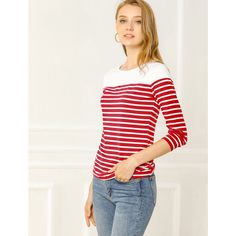 This contrast stripe T-shirt is a classic style for daily life. This piece is contrasted with a color block to fulfill your style statement from a boring all-over stripe top. It's cut from soft fabric that makes you feel comfortable day to night. These casual striped t-shirts match jeans, pants, skirts, or leggings freely, and they are perfect for daily wearing. Casual Striped Top With Contrast Colors, Casual Striped Top With Contrast Color, Striped Cotton Tops With Contrast Color, Cotton Striped Top With Contrast Color, White T-shirt With Contrast Stripes, Striped Color Block Cotton Tops, White Striped Hem Tops For Spring, White Tops With Striped Hem For Spring, White Long Sleeve Top With Striped Hem