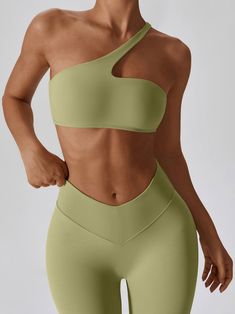 PRODUCT FEATURES: Butter Soft Fabric. One Shoulder Breathable.? quick-dry. moisture absorption. Wear-tested by our in-house team for the perfect fit. FABRICATION: 78% Nylon 22% Spandex Sweat-wicking technology that can remove moisture from your body BRA BODY LENGTH: S?- 10cm (3.94inch) M?- 10.5cm (4.14inch) L?- 11cm (4.34inch) XL-11.5 cm(4.54inch) Sports Activewear With Built-in Padding And 4-way Stretch, Green Sporty Activewear For Sports Events, Green Sporty Activewear For Sports, Sporty Green Activewear For Sports Events, Fitted Green Nylon Sports Bra, Compression Athleisure Activewear For Sports Events, High Stretch Green Activewear For Sports, Green Activewear For Light Sports With Medium Support, Athleisure Activewear For Sports Events With Moisture-wicking