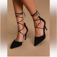 Questions? Leave A Comment Below! Never Worn Pencil Heels, Strap High Heels, Beautiful Heels, Pointed Toe Heels, Pointed Toe Shoes, Suede Lace, Pointed Toe Flats, Black High Heels, Ankle Strap Heels