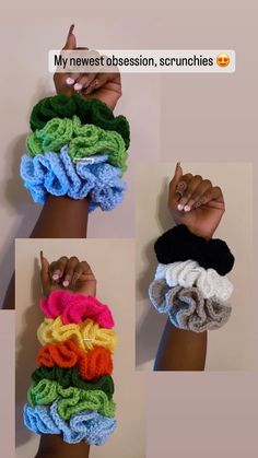 four different types of crochet hair ties on someone's arm with their fingers in the middle