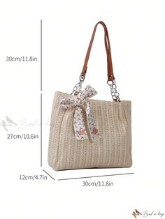 Bird in Bag - Exquisite Oversized Woven Beach Bag featuring Silk Scarf Embellishment and Elegant Metal Chain Shoulder Strap for Women Elegant Large Capacity Beach Bag For Vacation, Summer Beige Bag With Chain Strap, Beige Chain Strap Beach Bag, Elegant Square Straw Bag For Vacation, Beige Bags With Chain Strap For Summer, Beige Bag With Chain Strap For Summer, Rectangular Straw Bag With Chain Strap For Vacation, Summer Beach Shoulder Bag With Chain Strap, Beach Shoulder Bag With Chain Strap