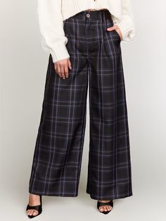 Plaid High Waist Wide Leg Pants - Fore Collection | New York & Company Chic Plaid Straight Leg Pants, Chic Plaid Wide Leg Pants, Plaid Wide-leg Pants For Spring, Spring Plaid Wide-leg Pants, Chic Plaid Straight Leg Bottoms, Wide-leg Plaid Bottoms With Pockets, Plaid Wide-leg Pants With Pockets, Plaid Trousers With Pockets, Plaid Wide-leg Cotton Pants