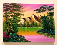 a painting on the wall of a lake with mountains in the background and trees around it