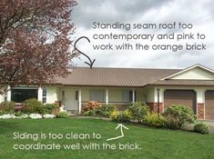 a house with an orange brick roof and green grass in the front yard, next to a flowering tree