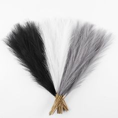 three black and white feathers on top of each other with sticks sticking out of them