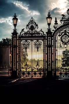 an iron gate with two lamps on each side and a cloudy sky in the background