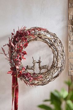 a wreath hanging on the wall next to a potted plant