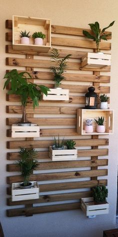 wooden pallet wall with planters and potted plants on it in front of a white wall