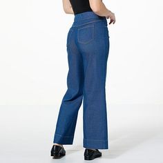 Nina Leonard Wide-Leg Trouser Jean  The chic combination of wide-leg workday trousers and casual everyday denim jeans create this must-have look that outlasts seasons and trends. Back Patch, Casual Everyday, Patch Design, Trouser Jeans, The Chic, Piece Of Clothing, Stretch Denim, Denim Jeans, Wide Leg