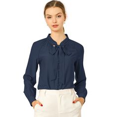 Experience different coziness in this blouse. It would be form-flattering on most body types. It’s a good versatile blouse that could be worn anytime. A lovely ruffled hem shirt with classic dots is a fun and good choice, which is paired effortlessly with skinny denim jeans. Occasion: Daily, Business, Work, Dating, Office, Party, Church, Chapel, Interview, Meeting, etc. Denim Blue Button Closure Blouse For Work, Blue Formal Blouse With Button Closure, Blue Button-up Blouse For Formal Occasions, Feminine Blue Button-up Blouse, Blue 3/4 Sleeve Blouse With Button Closure, Button Decor, Business Work, Tie Neck Blouse, Office Party