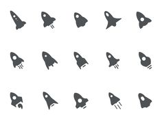 a set of nine black and white space shuttle icons, each with a different shape