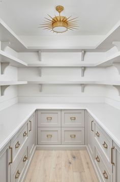 an empty walk in closet with white cabinets and gold accents on the ceiling, along with wooden flooring