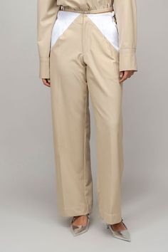 Beige and white colorblocked straight pant in 100% viscose base. - Aza Fashions Chic Cream Pants With Straight Hem, Cream Straight Hem Bottoms For Work, Tailored Cream Straight Pants, Cream Straight Pants For Work, Tailored Cream Pants, Pant Women, Beige Pants, Leh, Women Pants