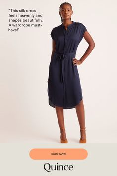 The ultimate day-to-night dress, our Washable Stretch Silk Midi Shirt Dress is crafted from best-in-class mulberry silk with a hint of stretch. We gave the classic shirtdress silhouette a modern update with a band collar, short dolman sleeves, and a rounded hem. Luxuriously soft to the touch with a gorgeous drape and customizable belted waist, this midi-length style is designed to flatter and feel good.  | Quince | Women's Washable Stretch Silk Midi Shirt Dress in Navy, Size Small, Mulberry Silk Navy And Copper, Classic Shirt Dress, Day To Night Dresses, Silk Cami, Travel Dress, Quarter Zip Sweater, Midi Shirt Dress, Band Collar, Linen Blazer