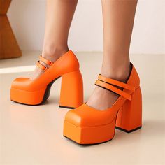 Shop Orange Platform Mary Janes Chunky Heel Twin Straps Square Toe Shoes color Orange for Anniversary, Big Day, Date with worldwide Free shipping & Free return. Pink Platform Shoes, Leopard High Heels, Latest Fashion Shoes, Colored Heels, Pink Platform, Block Shoes, Casual Pumps, Square Toe Shoes, Casual High Heels