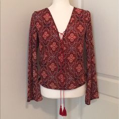 New Without Tags! Faux Wrap Front, Elastic Waist. I Suggest Wearing Something Underneath Because Of The Deep V-Front. Has Bell Sleeves And Tassels. See Pics For Measurements. Boho Top, The Deep, Boho Tops, Hippie Boho, Bell Sleeves, Tassels, Elastic Waist, Top Blouse, Womens Tops