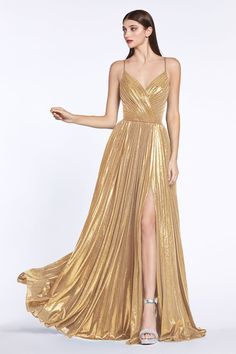 Evening Gowns Gold, Crinkle Skirt, Pleated Dresses, Cinderella Divine, Pleated Bodice, Dresses Ideas, Pleated Fabric, Metallic Dress, Dress Silhouette