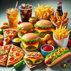 many different types of food are arranged on a table with fries, hot dogs and sodas