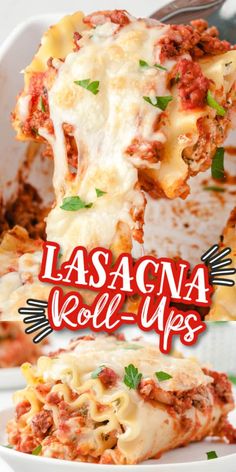 lasagna roll ups on a plate with a fork sticking out of the casserole