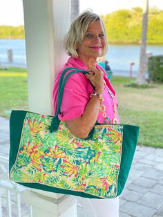 Bold summer preppy vacation prints Measures 19-1/2"W x 13-3/4"H x 6-1/4"D. outside 100% Cotton Inside 100 polyester lining Printed Canvas. Imported. Large Green Canvas Beach Bag, Green Large Capacity Canvas Beach Bag, Large Capacity Green Canvas Beach Bag, Spring Green Canvas Bag, Green Canvas Beach Bag For Travel, Green Canvas Bags For Weekend, Casual Beach Bag For Weekend In Spring, Casual Bags For Weekend Trips In Spring, Casual Spring Bags For Weekend Trips