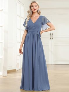 A-Line Pleated Chiffon Tie-Waist Evening Dress #color_Dusty Navy Navy Blue Formal Dress With Shawl, Empire Dress Formal, Empire Waist Evening Dress, Dark Green Bridesmaid Dress, Pretty Party Dresses, Empire Waist Maxi, Gowns Elegant, Classic Dresses, Dress With Ruffle Sleeves