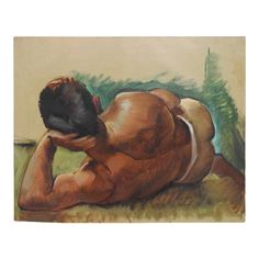 a painting of a man laying on the ground with his head in his hands,