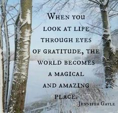 trees with snow on the ground and a quote written in it that says, when you look at life through eyes of gratitude, the world becomes a magic and amazing place