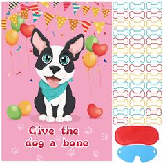 a card with a dog wearing a scarf next to it's name and balloons