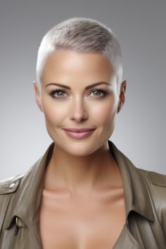 If you’re seeking a low-maintenance style that makes a statement, go for a bold tapered buzz cut. This daring haircut offers a clean appearance without requiring much upkeep—perfect for women who want an effortless yet impactful look. Grey Buzzcut Women, Silver Buzz Cut Women, Very Short Hair Styles For Women, Extra Short Hairstyle Women, Clipper Cuts For Women, Very Short Hair Cuts For Women, Very Short Hair Women