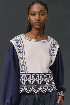 Cotton; polyester embroidery Pullover styling Machine wash Imported | Long-Sleeve Embroidered Top by Anthropologie in White, Women's, Size: 2XS, Polyester/Cotton Fall Embroidered Sleeve Fitted Tops, Long Sleeve Tops With Contrast Embroidery For Spring, Fitted Long Sleeve Embroidered Top With Geometric Design, Japan Woman, 50 Fashion, Embroidered Top, Accessories Home, Active Wear For Women, Pullover Styling