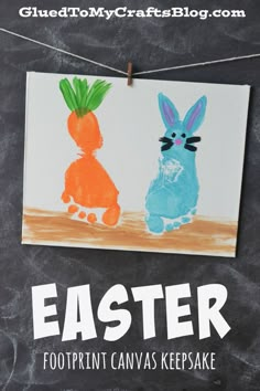 an easter bunny and carrot painting on a chalkboard with the words, easter footprint canvas