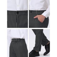 These trousers feature a mid-rise design, and a zip and button closure for easy and comfortable wearing. Contrasting striped trousers in a variety of colors to choose from. These pants can be worn with t-shirts, shirts, and jackets for a stylish look. You can wear these pants for work, business, office, daily leisure, street shooting, vacation, dating, and other occasions. Striped Business Trousers, Tailored Striped Pants With Pockets, Striped Trousers For Business, Striped Tapered Leg Business Bottoms, Striped Tapered Leg Bottoms For Business, Slim Fit Chino Pants, Pants For Work, Street Shooting, Striped Trousers