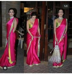 We provide stitching service for blouse, saree fall pico. Saree Fabric - Satin Silk. Blouse Fabric - Contrast Satin Fabric 1 mtr✨ (blouse shown in image is for ref purpose). work - Contrast Zari Lace Work. Pink Satin Saree, Malika Arora, Saree Blouses Online, Malaika Arora, Party Sarees, Western Dress, Blouse Saree, Designer Saree Blouse Patterns, Satin Saree